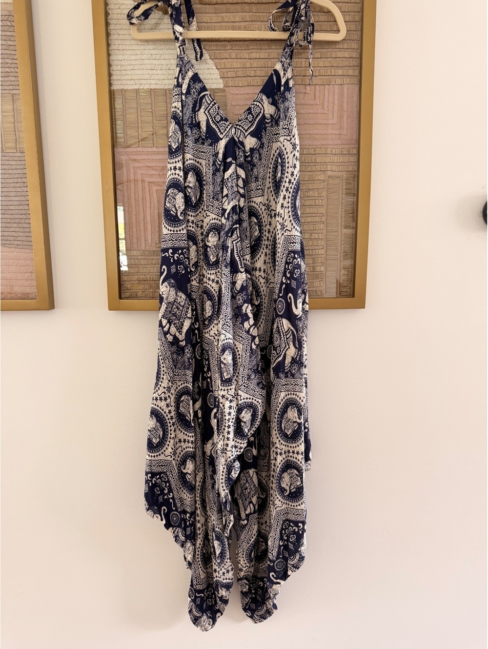 Women's Navy and White Rayon Bohemian Style Romper with Elephant Print